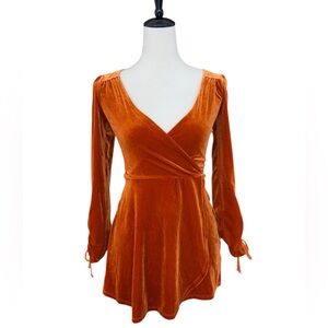 Urban Outfitters Rust Velvet Wrap Romper XS P Long Sleeve Puff Shoulder